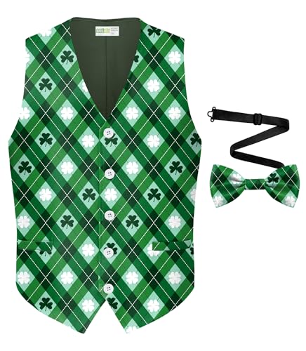 Arvilhill 2 Pcs Mens St Patrick's Day Vest Suit Bow Tie Irish Shamrock Outfit (S-XXL)