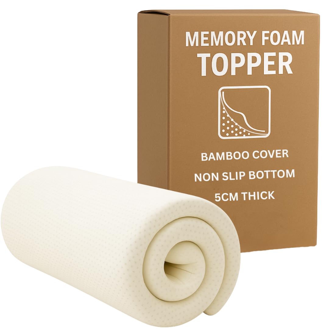 Luxury Memory Foam Mattress Topper – 5 cm Thick | 250 GSM Breathable Bamboo Cover | Pres...