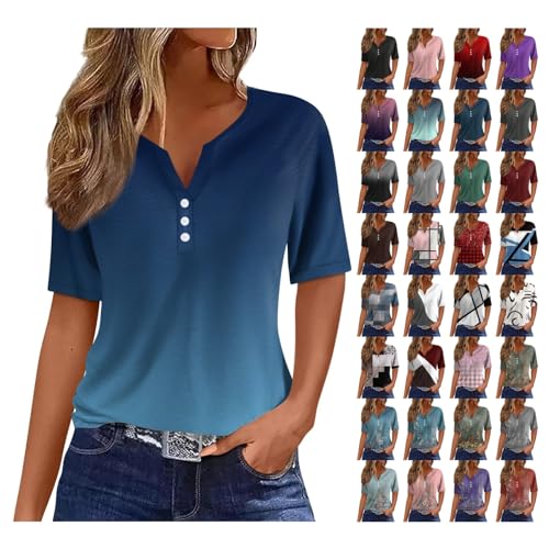 Generisch Damen Oberteile Kurzärmelig Sommer Henley-V-Ausschnitt T-Shirt Drucken Top Bequem Lässiges Basis Tunika Sportshirt Blau M