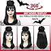YUPEWG Lydia Deetz Wigs for Women Cosplay Black Wig With Bun Medium Length Straight Beetle Wig With Bangs with Wig Caps Cute Soft Wigs for Party Halloween