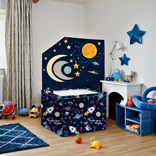 Image of Rectangular Space Basket for Boys Baby Storage Basket Storage Bin Organizer Box Room Decor(Rocket Planet)