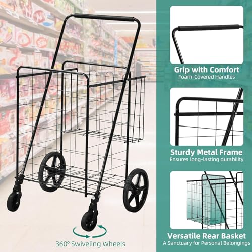 YITAHOME Folding Shopping Cart with Wheels, Rolling Foldable Grocery Cart with Versatile Rear Basket, Portable Collapsible Utility Cart for Shopping Groceries Laundry Storage Organizer by YITAHOME - Image 5