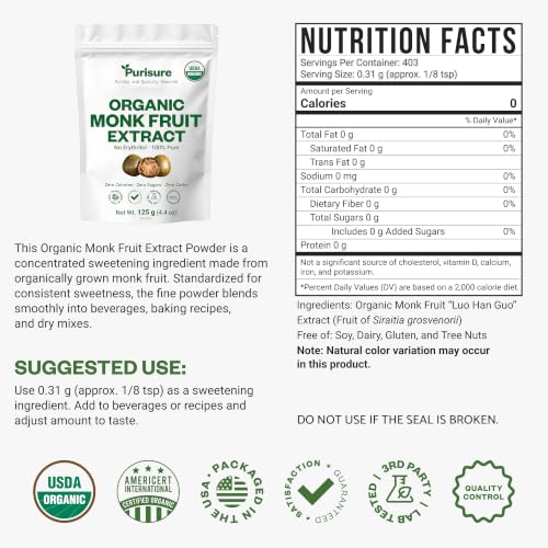 Image of Organic Monk Fruit Extract Powder, 125g (4.4oz), No Fillers Pure USDA Organic Monk Fruit Extract Sweetener with No Aftertaste, Zero Calorie & Zero Carbs, Keto & Paleo Friendly 403 Servings