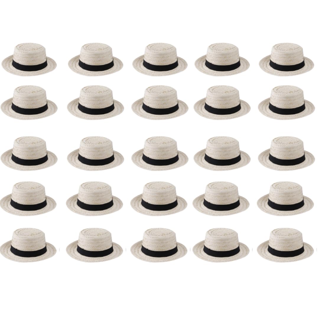 Pack of 25 Straw Boater Hat Bulk Job Lot Budget Straw Boater With Black Ribbon Summer Hat School Dance Show Fancy Dress Accessory