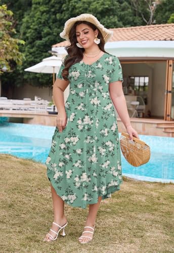 Image of Keluummi Plus Size Maxi Dress for Women V-Neck Short Sleeve with Pockets