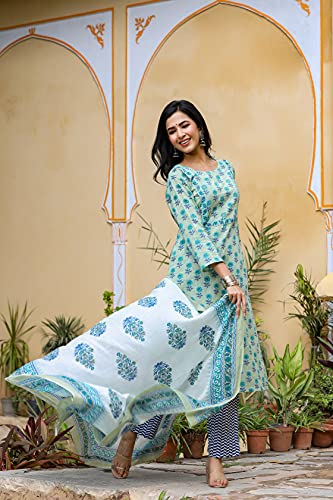 Image of Vaamsi Women's Cotton Blend Floral Straight Kurta Pant With Dupatta