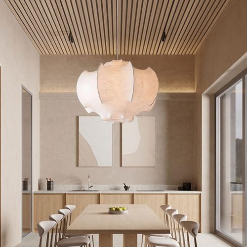 Modern Scandinavian Cream Textured Fabric Organic Shape Pendant lamp, diffused