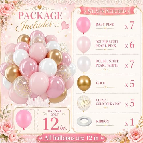 Image of Pink White Gold Balloons, 12 Inch Double Stuffed Pearl Pale Baby Light Pink White Sand Metallic Gold Latex Balloon Polka Dot Balloons for Fairy Birthday Wedding Baby Bridal Shower Party Decorations