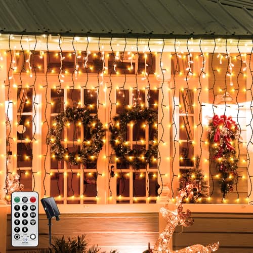 Guirnaldas Luces Led Solares Exterior,6x3m 600 LEDs Guirnaldas Luces Exterior,8 Modos de Luz, Impermeable Cortina LED para Navidad, Boda, Fiesta, Ventana, Balcón, Jardín