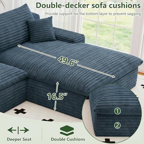 Image of 136 inch Cloud Couch Modular Sectional Sofa for Living Room, U-Shape Boneless Couch with Deep Seat, Modern Corduroy 4-Seater with Ottoman, No Assembly Required (Blue,Right-Facing Chaise)