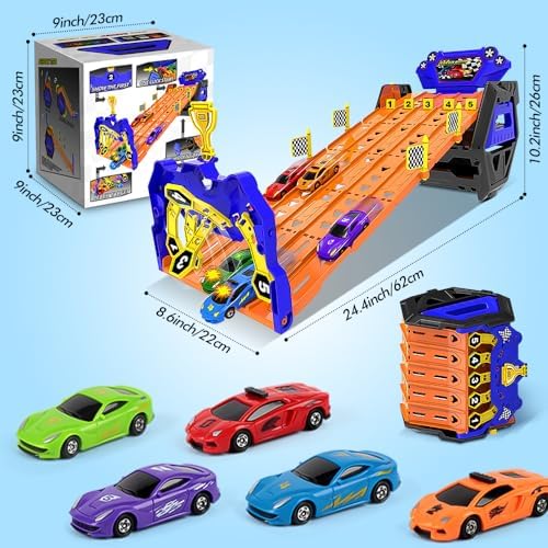 VATOS Upgraded 5 Tracks Transport Truck, Toy Cars for Boys Age 3 4 5 6 7 8, Portable Race Truck Toy Car with 5 Cars, Carrier Truck Vehicles Set for Children