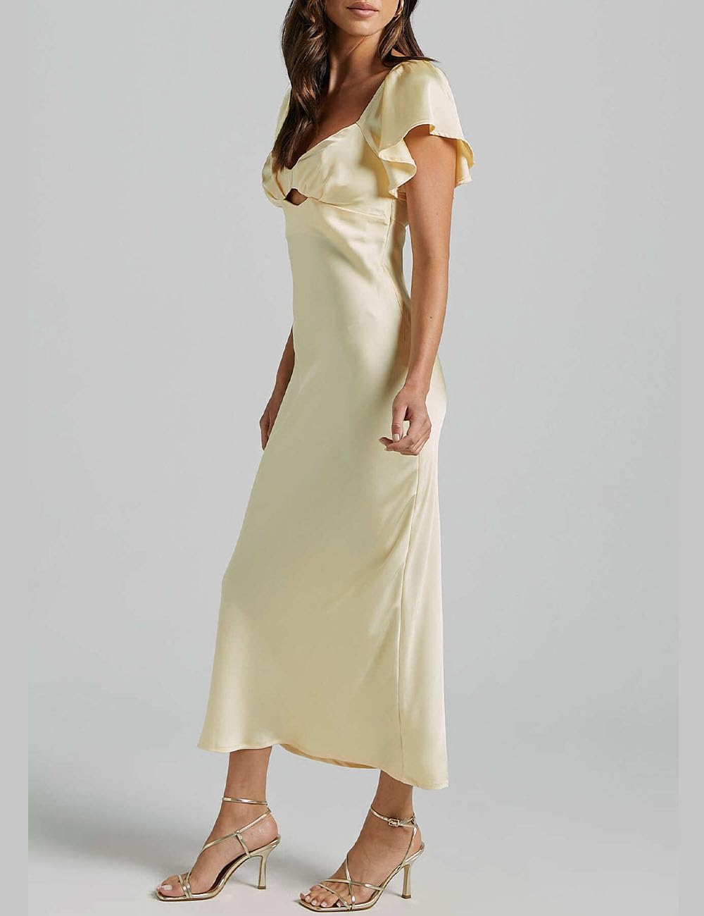 Summer Satin Flutter Sleeve Wedding Guest Dresses for Women Sweetheart Neckline Cutout Tie Back Midi Cocktail Dress - Image 4