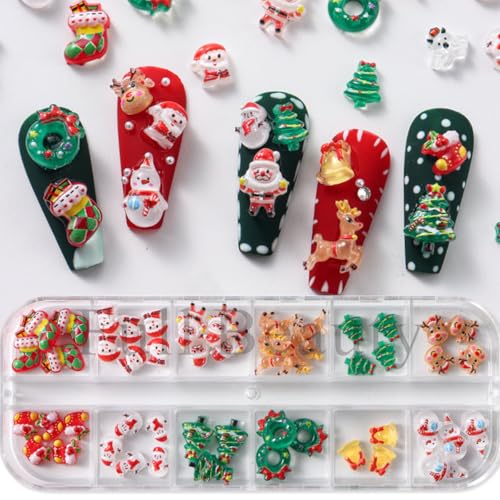 Christmas Nail Art Charms Set 3D Resin Christmas New Year Nail Charms Winter Snowman Nail Art Supplies Santa Claus Deer Gloves Christmas Tree Nail Art Accessories for Women 12 Grids - Image 4