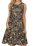 elescat Black Dresses for Women Casual Summer Sleeveless Tank Scoop Neck Loose Cotton Sundress with Pockets(Black Golden Butterflies, L)
