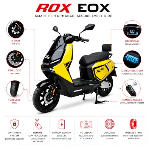 Image of EOX ROX Electric Scooter for Adults | 48V Removable Lithium Battery | 50-60 km Long-Range Ride | Lightweight Non-RTO E-Scooter (SPORTS YELLOW)