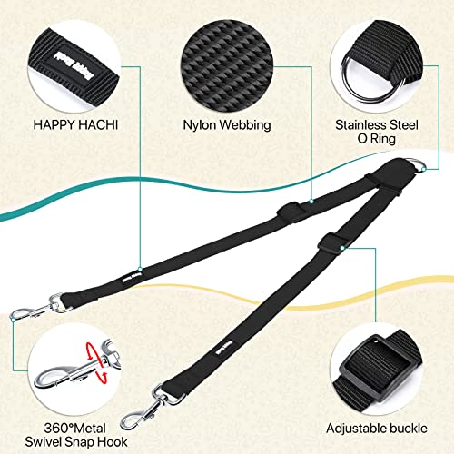 HAPPY HACHI Doppelte Hundeleine,Kein Verheddern 360° Drehbarer Doppelleine für 2 Hunde,Einstellbar Coupler Kein Tangle Nylon Wanderung Leine für Hunde Klein Mittlere und Große Lauftraining (Schwarz-S)