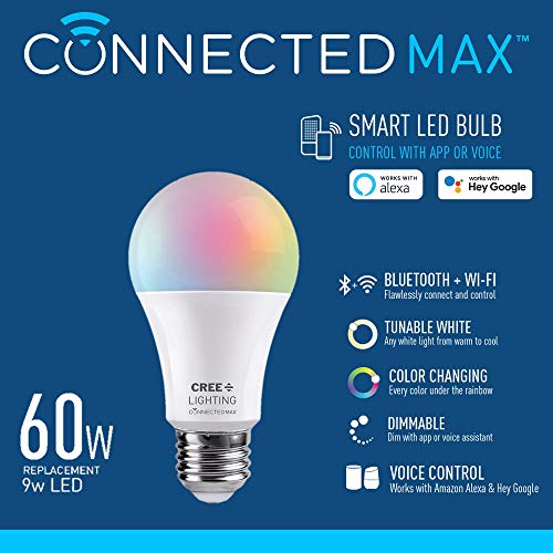Cree Lighting Lâmpada LED inteligente Connected Max A19 60W ajustável branca + mudança de cor, 2,4 G