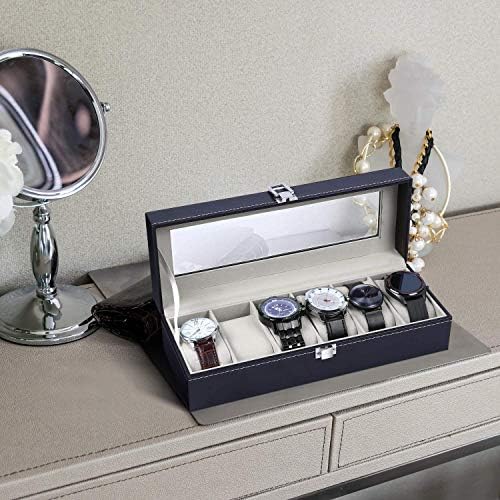 Watch Box, Ohuhu 6 Slot Watch Holder with Glass Lid, PU Leather Watch Case Watch Box for Men and Women, Watch Display Storage Box as Gift for Valentines Day Birthday, Gray