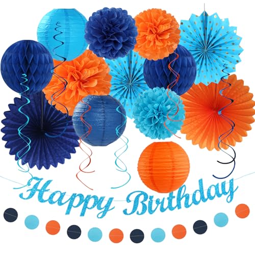Image of Orange Blue Men Birthday Decorations - 21pcs Happy Banner Garland,Bluey Paper Streamers Lanterns,Flower Tissue Pom Poms Fan Supplies,Hanging Wall Backdrop Party Decor Huglony