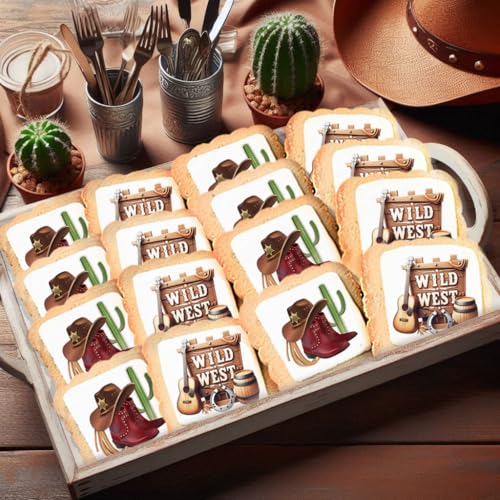 Image of Cowboy Themes Cookies 24 Pack Individually Wrapped | Wild West | Cowboy Hat Western Theme | Cowboy Boots Cactus Cookies