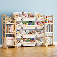 SpaceAid Spielzeug-Organizer mit 6 Regalen und 12 Behältern, Bücherregal/Bücherregal, Kinder-Mülleimerregal, Spielzeugkiste für Spielzimmer-Organisation für Schlafzimmer und Raumdekoration, Weiß