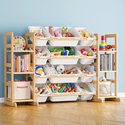 SpaceAid Toy Storage Organizer with 6 Shelves and 12 Bins, Bookshelf/Bookcase, Kids Bin Shelf, Toys Box for Playroom Organization for Bedroom & Room Decor, White, 52.3″ W