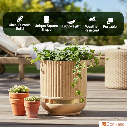 Image of BonKaso 14 Inch Tower Plant Pot for Indoor & Outdoor | Modern Lightweight Polymer Planter | Weather, UV & Frost Resistant | Ideal for Living Room, Balcony, Office & Nursery (Beige)