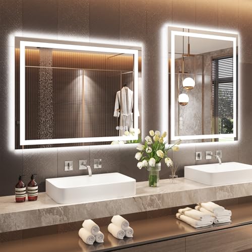 36"X36" LED Bathroom Mirror with Front Lights and Backlit, Anti-Fog, Dimmable, Shatter-Proof Tempered Glass, Lighted Bathroom Vanity Mirror for Wall with 3 Colors, Memory Function
