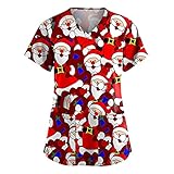 Weihnachten Kasack Damen Bunt Pflege große größen mit Motiv Christmas T-Shirt Schlupfkasack mit Taschen Kurzarm V-Ausschnitt Schlupfhemd Berufskleidung Krankenpfleger Uniformen Nurse 2021 Neu
