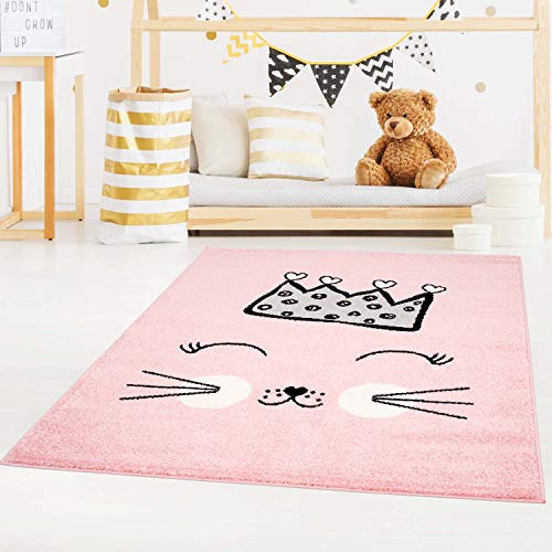 carpet city Bubble Kids Tapis à poils ras pour chambre d'enfant Motif chat et couronne Rose/vert/gris Cover