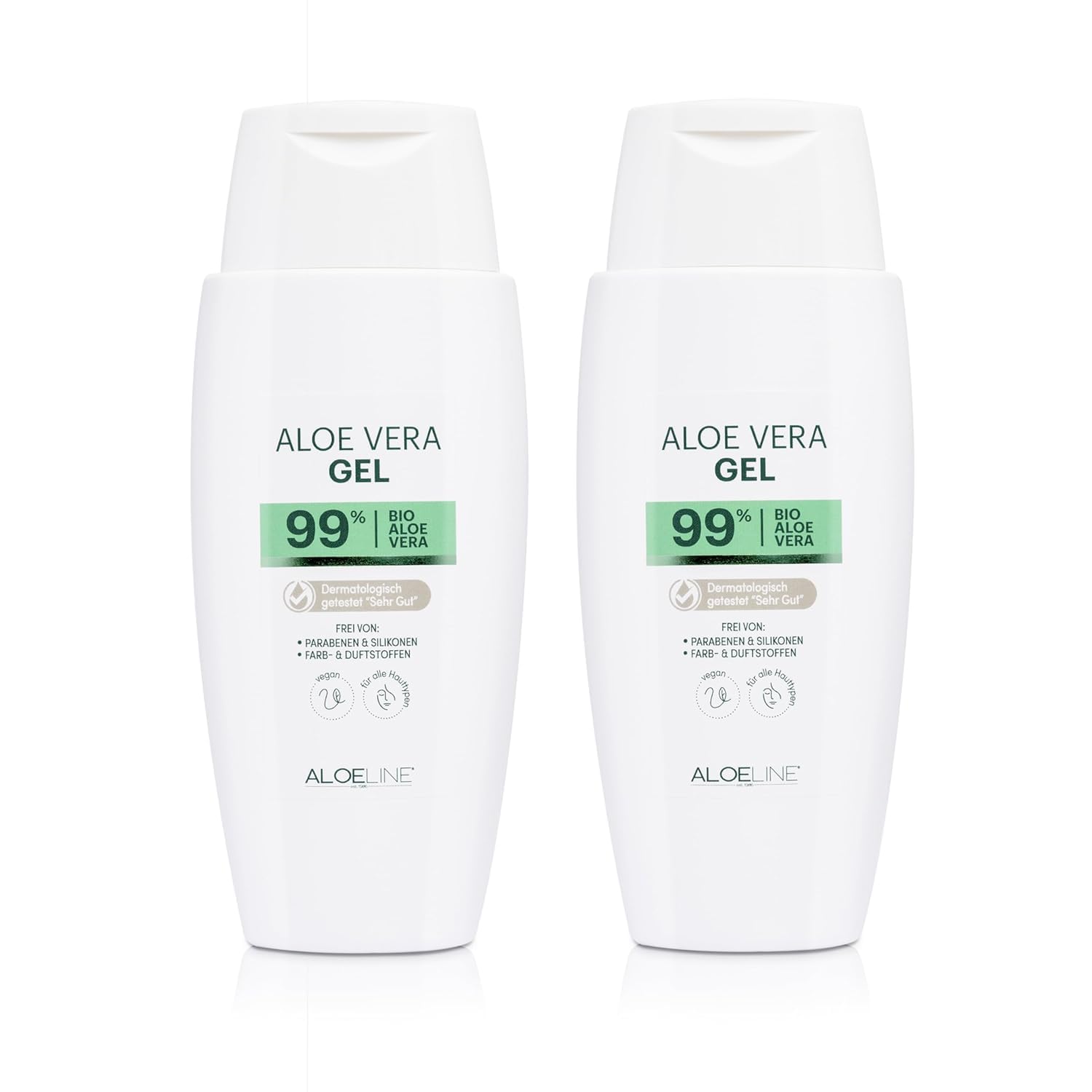 'Aloe Vera Gel 99% "Aloe Line (2 x 150 ml) | dermatológicamente Probado para los & pelo – iasc Certificado Aloe Vera cultivado Cultivo ecológico) – Calidad con garantía de satisfacción total – sin aroma de & colorantes, sin parabeno, sin mineralöle – Fabr