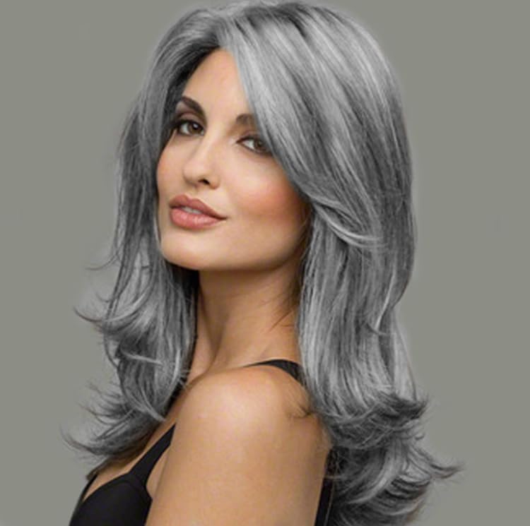 Dsimeig femmes argent gris longue perruque couché avec Bangs résistant à la chaleur synthétique tous les jours costumes de fête