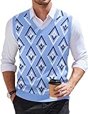 COOFANDY Men's Sweater Vest V Neck Sleeveless Sweater Slim Fit Casual Knitted Vest Sweaters Argyle Blue Medium