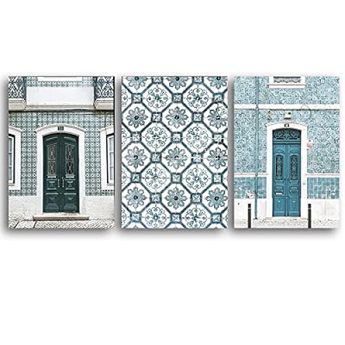 Impression sur toile haut de gamme : triptyque porte marocaine art bleu 60x80cm pour grand mur