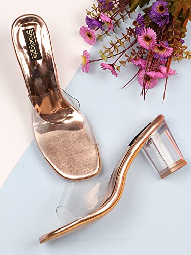Image of Shoetopia Women's Clear Block Heel Mules Pink || Transparent Strap Slip-On Sandals || Open Toe Chunky Heels EU38