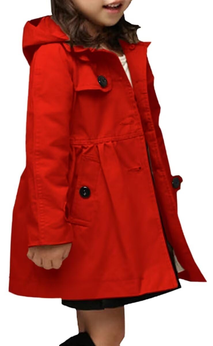 Betusline Little Girls Single Breasted Trench Coat Dress Outerwear, 2-12 Years, 1# Red, 11-12 Years