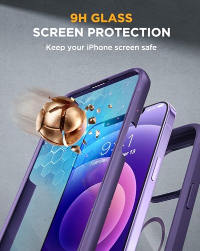 Image of Miracase Glass Series Designed for iPhone 12 /12 Pro 6.1 Inch, Upgrade Full-Body Magnetic Case with Built-in 9H Tempered Glass Screen Protector, with Camera Lens Protector, Magnetic Purple