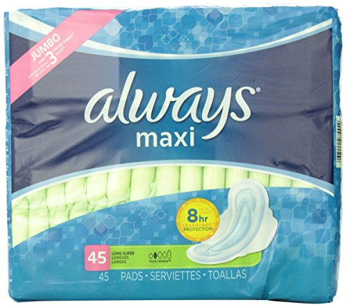 Always Maxi Feminine Pads with Wings, Long/Super, 45 Count
