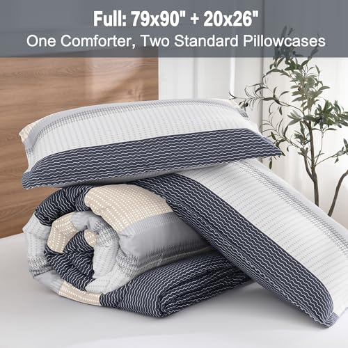 Litanika Comforter Set Full Size Blue Yellow - 3 Pieces Lightweight Blue Yellow White Colorblock Stripe Fluffy Bedding Comforter Sets, All Season Bed Set