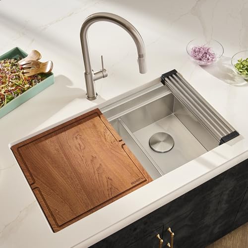 Image of Ruvati 33-inch Workstation Kitchen Sink - Dual Tier Double Bowl Kitchen Sink - Low Divide Undermount Sinks - 16 Gauge Stainless Steel Kitchens Sinks - RVH8255