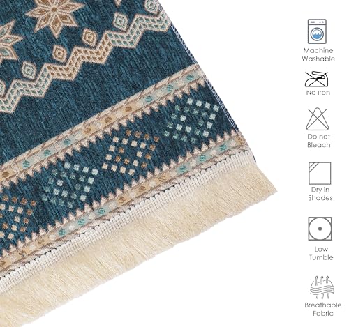 Image of Elegant Woven Turquoise Sofa Cover - Soft Chenille Traditional Pattern with Lace Style | L-Shape Sectional Seat Protector for Living Room | Durable & Stylish Slipcover 2 Seater Sofa