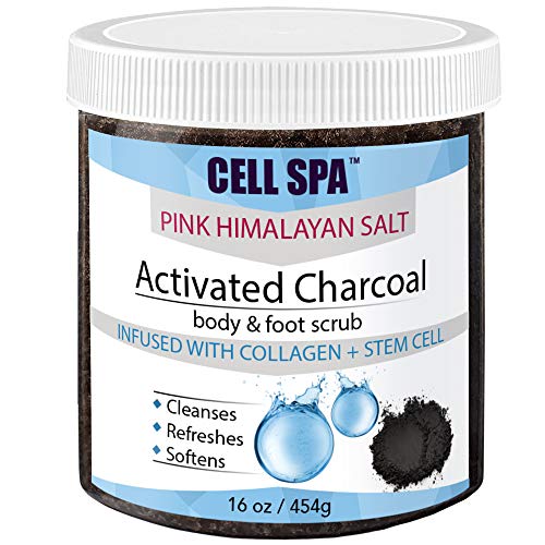16 oz Exfoliating Activated Charcoal Body & Foot Scrub Infused with Collagen and Stem Cell With Pink Himalayan Salt For Skin Care, Natural Anti-Cellulite, Acne, Stretch Marks Wrinkles & Scars
