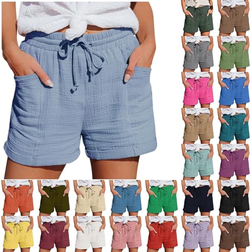 Short Femme Ete Bermuda Short en Coton Et Lin avec Poches Elastique Shorts De Plage D'éTé DéContracté à Taille Haute Et Cordon De Serrage LéGer Shorts Running...
