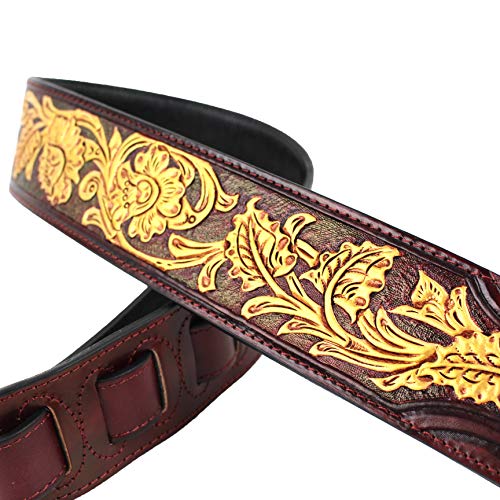 Walker And Williams Lhr-37 Handmade Blood Red Premium Carving Leather Guitar Strap With Bright Gold Western Sheridan Carving Pattern And Padded Leather Back For Acoustic, Electric, And Bass Guitars #TOP2