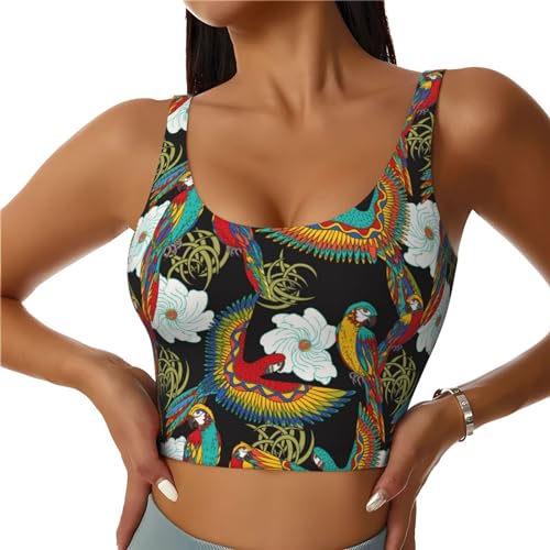 Sujetador deportivo para mujer, de alto apoyo, color clásico, con loro, flor, atlético, para entrenamiento, Negro , S