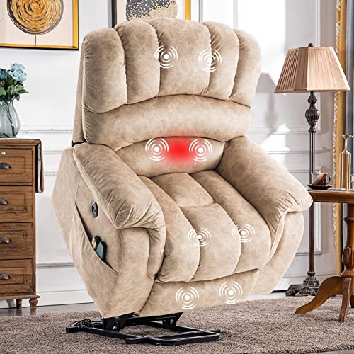 Socialcomfy Large Electric Power Lift Recliner Chair For Elderly Big People, Heated Massage Motorized Reclining Sofa, Wide Soft Fabric Recliners With 2 Remote Controls, Side Pockets & Usb Ports, Beige #TOP19