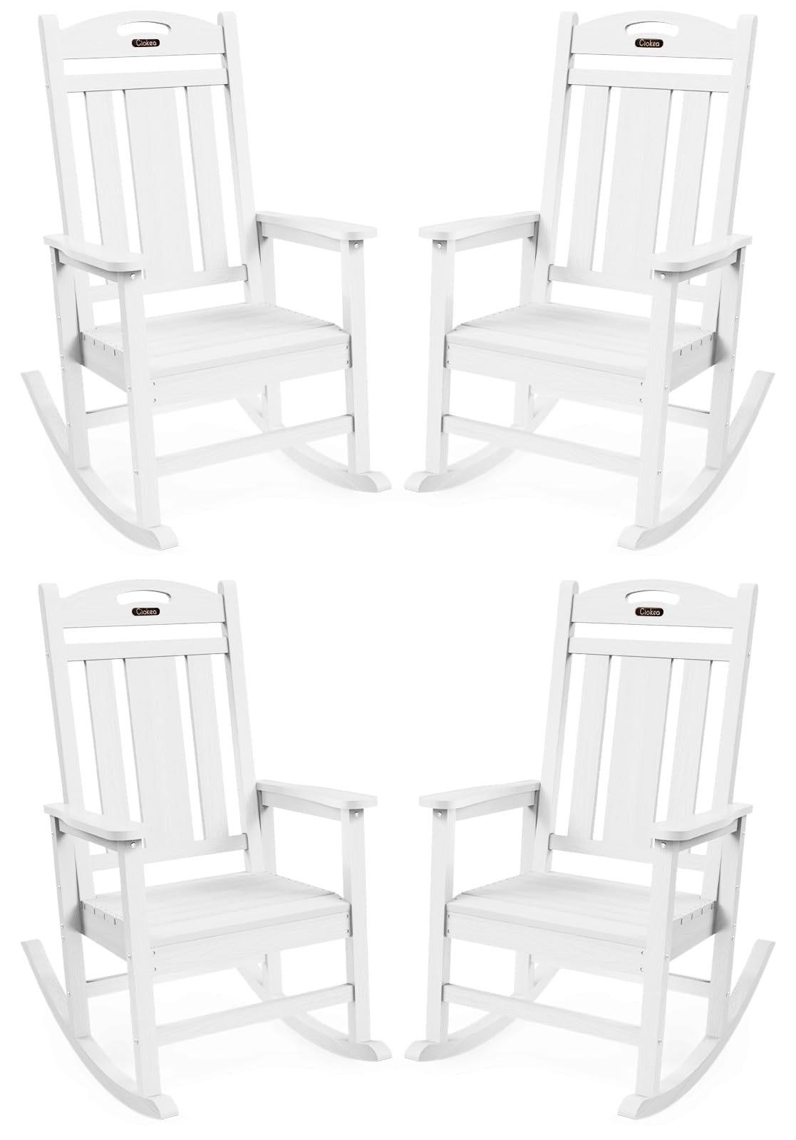 Outdoor Rocking Chair Set of 4, HDPE Patio Porch Rocker for Adults, 380lbs Weight Capacity, Ergonomic Design for Porch, Backyard, Balcony, White