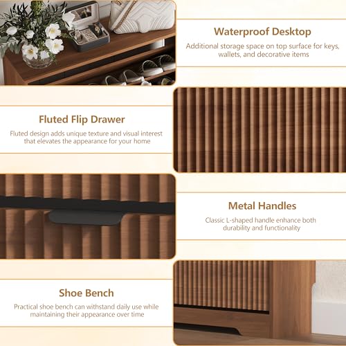 Image of Shoe Cabinet Storage for Entryway with 6 Flip Drawers, Walnut Fluted Shoe Cabinet with Adjustable Shelves, Wooden Hidden Shoe Rack Freestanding Narrow Slim Shoes Storage for Hallway, Entrance