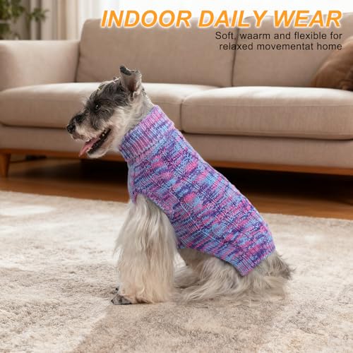 Image of BEAUTYZOO Dog Sweater for Small Medium Dogs, Knit Clothes with Harness Hole | Turtleneck Pullover Fall Winter Knitwear, Fuzzy Fleece Cold Weather Coat for Girl Boy Puppy, Warm Pet Sweatshirt, Purple SM T