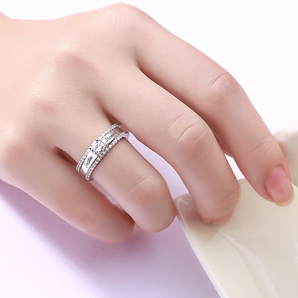 Anillos de eternidad de corazón personalizados para mujer con circonita cúbica de plata de ley 925 con nombre personalizado, grabado de compromiso, aniversario, boda, regalo para mujer